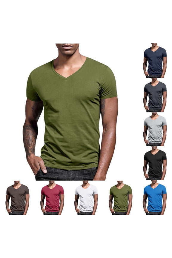 Men's Summer T-Shirts Lightweight Comfortable Fitted Sport Tops Casual Comfy V-Neck Short Sleeves Shirts Summer Solid Color Beach Tops
