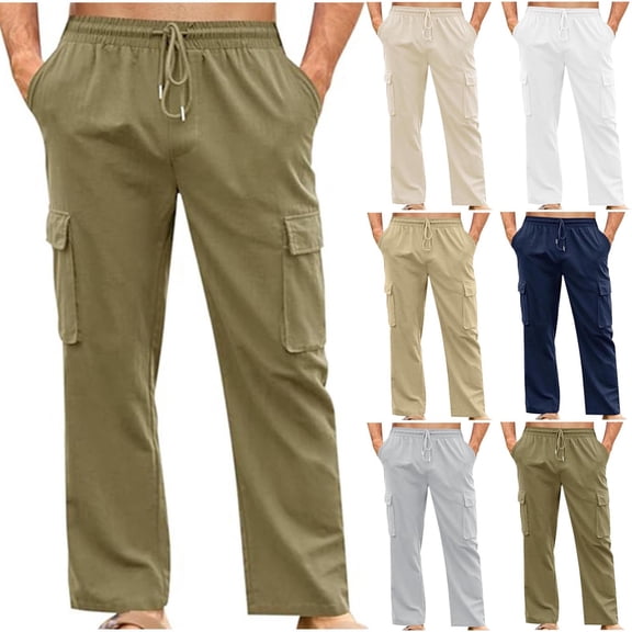 FengLS Mens Cargo Pants Leisure Solid Color Cotton-Linen Trousers Fashion Straight Leg Workwear Pants with Multiple Pockets for Outdoor Activities