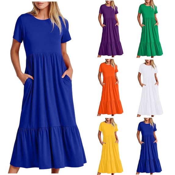 FengLS Summer Dresses for Women Casual Flowy Pleated Maxi Dress With Pockets Short Sleeve Crew Neck Sundress Vacation Beach A Line Dress