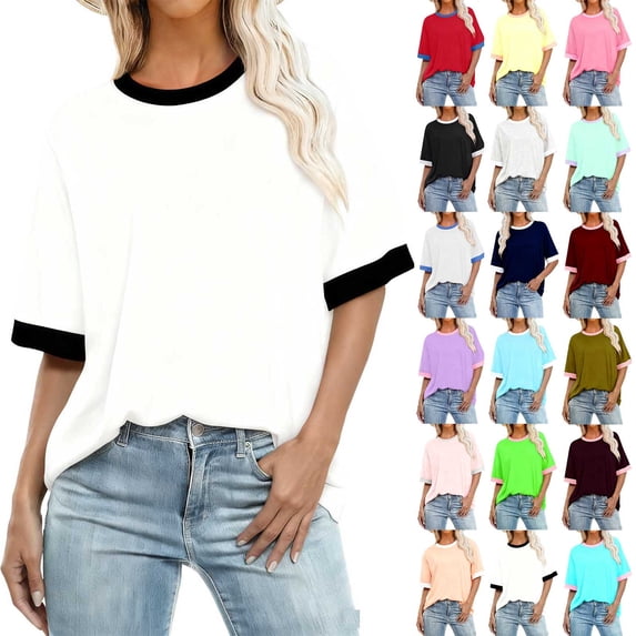 FengLS Summer T-Shirts for Women Comfy Loose Short Sleeves Tops Fashion Patchwork Color Shirts Basic Round Neck Outdoor T-Shirts