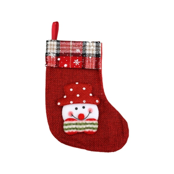 B Small Christmas Stocking Burlap Material Snowflake Pattern Tree Hanging Ornament Gift Bag Red Holiday Home Decor