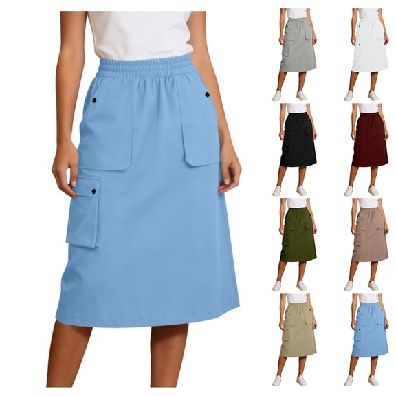 FengLS Women's Cargo Midi Skirt Casual Elastic High Waist A-Line Skirt Multi Utility Pockets Solid Color Midi Skirt for Work & Daily Outfits