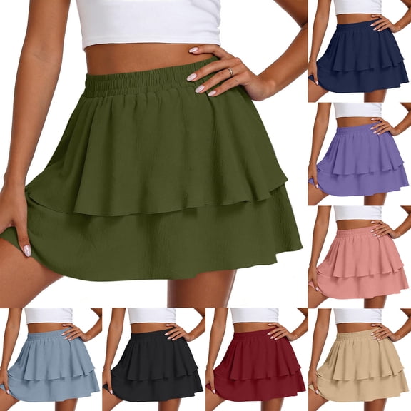 FengLS Women's Mini Skirt Comfortable Elastic High Waist Short Skirt Double Layer Ruffle Hem Flowy Skirt Spring Summer A-Line Short Skirt