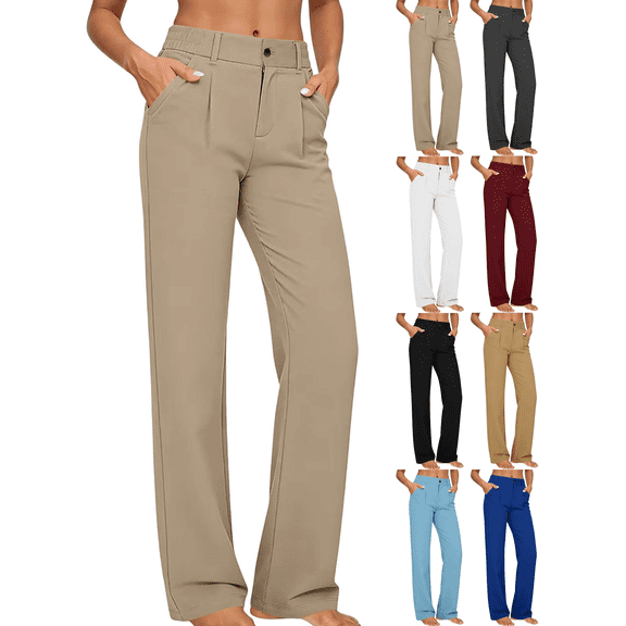 FengLS Women's Pants Fashion Solid Color Straight Leg Trousers Button Zipper Elastic Waist Side Pockets Pants for Casual Business & Outdoor