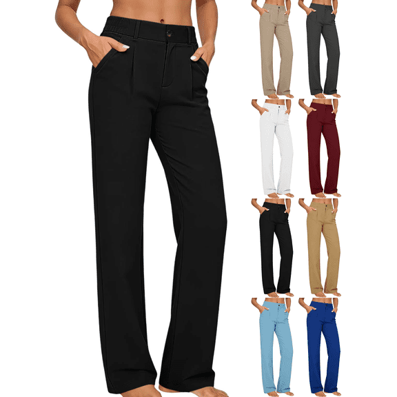 FengLS Women's Pants Fashion Solid Color Straight Leg Trousers Button Zipper Elastic Waist Side Pockets Pants for Casual Business & Outdoor