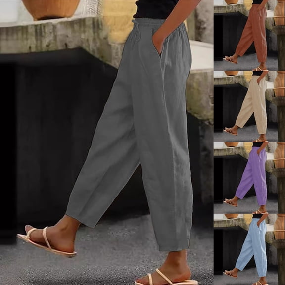 FengLS Women's Plus Size Pants Summer Casual Wide-Leg Side Pockets Trousers Drawstring Waistband Solid Loose Pants for Outdoor & Loungewear