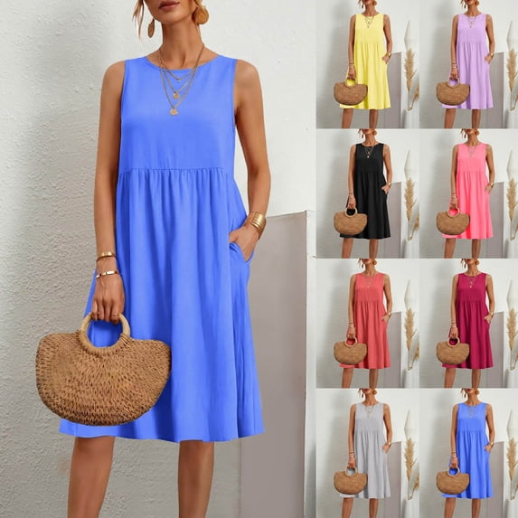 FengLS Womens Plus Size Dresses Leisure Loose Round Neck Sleeveless Sundresses Solid Color Cotton Linen Knee-Length Dresses with Side Pockets