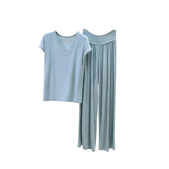 FengMoreActive Women's 2PC Pajamas Set V-Neck Tshirt And Wide Leg Pants Loose Sleepwear Suits Solid Color Casual Pajamas Sets
