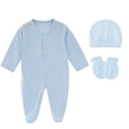 thumbnail image 1 of QINGFSAP 0-1T Newborn Baby Long Sleeve Footed Romper V Neck Snap Closure Complete Set with Beanie and Anti Scratch Mittens Spring Sleep Bodysuit, 1 of 5