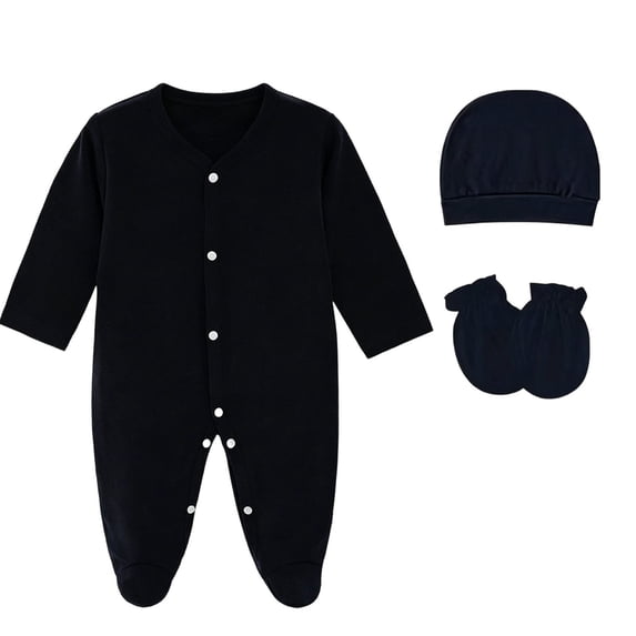 QINGFSAP 0-1T Newborn Baby Long Sleeve Footed Romper V Neck Snap Closure Complete Set with Beanie and Anti Scratch Mittens Spring Sleep Bodysuit