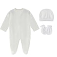 thumbnail image 1 of QINGFSAP 0-1T Newborn Baby Long Sleeve Footed Romper V Neck Snap Closure Complete Set with Beanie and Anti Scratch Mittens Spring Sleep Bodysuit, 1 of 5