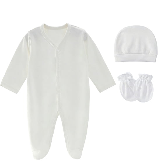 QINGFSAP 0-1T Newborn Baby Long Sleeve Footed Romper V Neck Snap Closure Complete Set with Beanie and Anti Scratch Mittens Spring Sleep Bodysuit