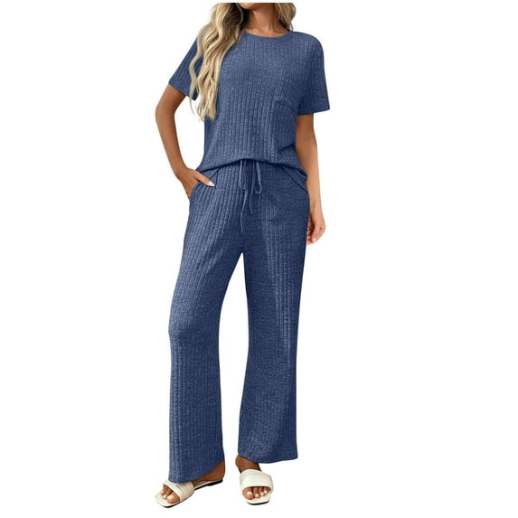 Fengactive 2 Piece Lounge Sets for Women Vacation Outfits Fall Pajamas 2025 Matching Ribbed Casual Wide Leg Pants Sets