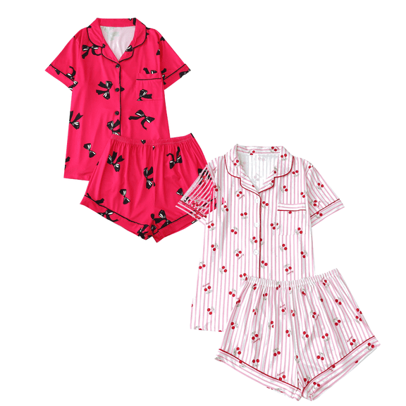 Fengactive 2PC Cute Printed Pajamas Sets for Women Button Up Short Sleeve Nightwear Lounge Sleepwear