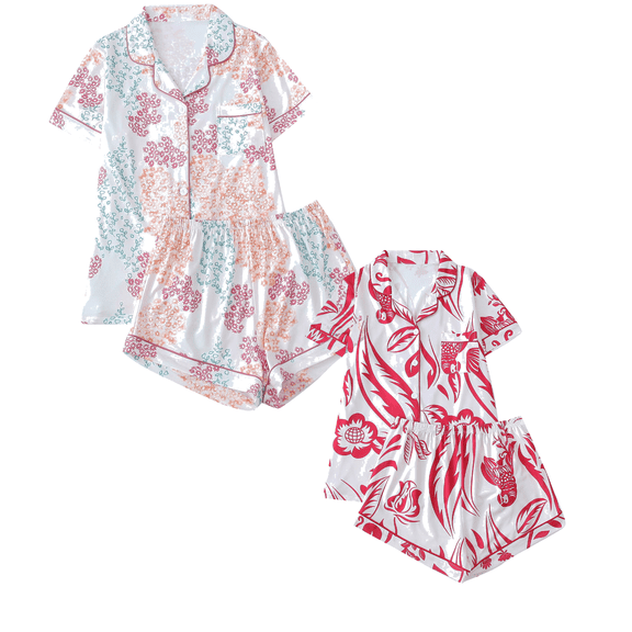 Fengactive 2PC Cute Printed Pajamas Sets for Women Button Up Short Sleeve Nightwear Lounge Sleepwear