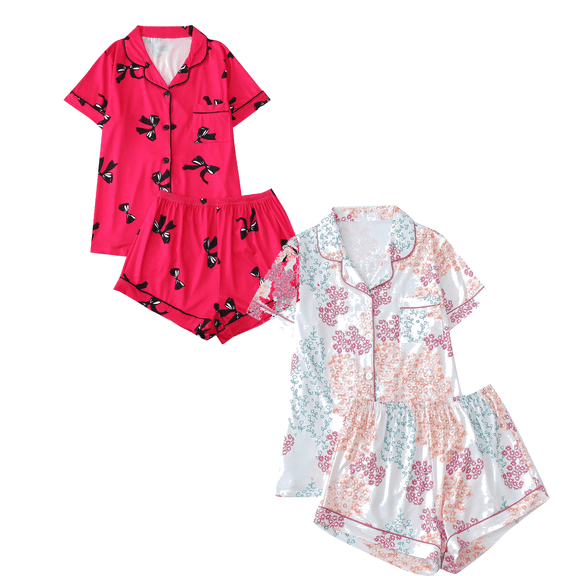 Fengactive 2PC Cute Printed Pajamas Sets for Women Button Up Short Sleeve Nightwear Lounge Sleepwear