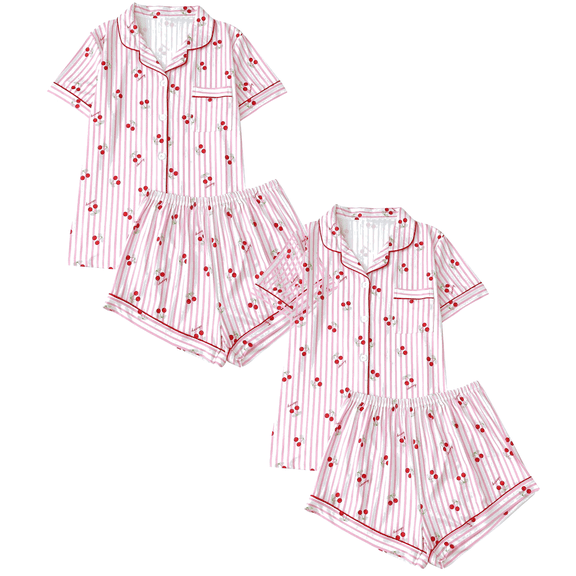 Fengactive 2PC Cute Printed Pajamas Sets for Women Button Up Short Sleeve Nightwear Lounge Sleepwear