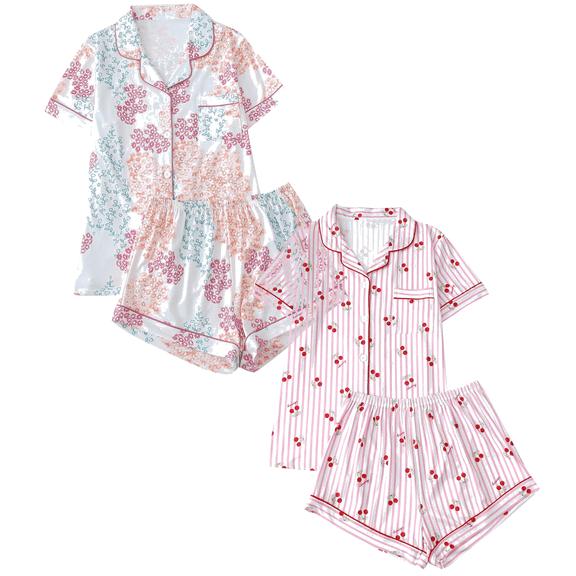Fengactive 2PC Cute Printed Pajamas Sets for Women Button Up Short Sleeve Nightwear Lounge Sleepwear
