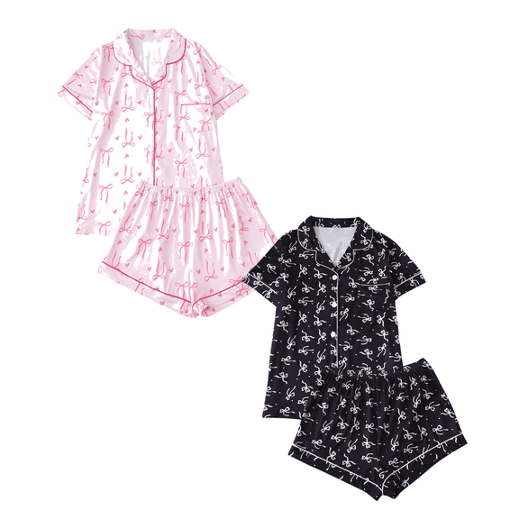 Fengactive 2PC Cute Printed Pajamas Sets for Women Button Up Short Sleeve Nightwear Lounge Sleepwear