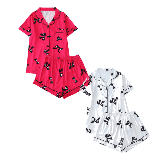 Fengactive 2PC Cute Printed Pajamas Sets for Women Button Up Short Sleeve Nightwear Lounge Sleepwear