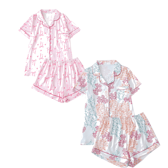 Fengactive 2PC Cute Printed Pajamas Sets for Women Button Up Short Sleeve Nightwear Lounge Sleepwear