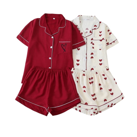 Fengactive 2PC Cute Printed Pajamas Sets for Women Button Up Short Sleeve Nightwear Lounge Sleepwear
