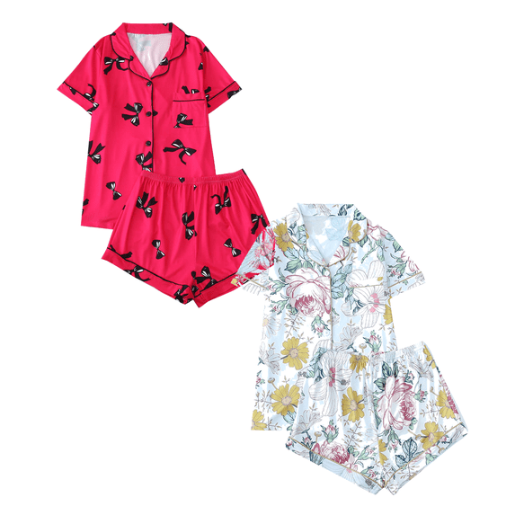 Fengactive 2PC Cute Printed Pajamas Sets for Women Button Up Short Sleeve Nightwear Lounge Sleepwear