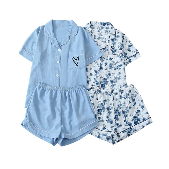 QINGFSAP Womens 2 Pack Pajama Set 2 Tops and 2 Shorts Short Sleeve Cute Print Sleepwear