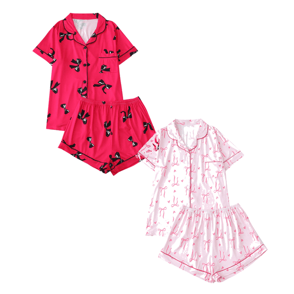 Fengactive 2PC Cute Printed Pajamas Sets for Women Button Up Short Sleeve Nightwear Lounge Sleepwear