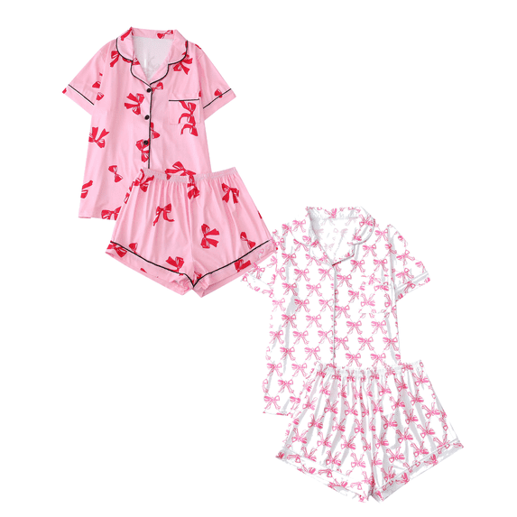 Fengactive 2PC Cute Printed Pajamas Sets for Women Button Up Short Sleeve Nightwear Lounge Sleepwear