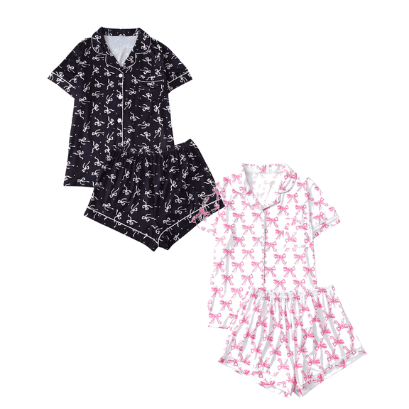 Fengactive 2PC Cute Printed Pajamas Sets for Women Button Up Short Sleeve Nightwear Lounge Sleepwear