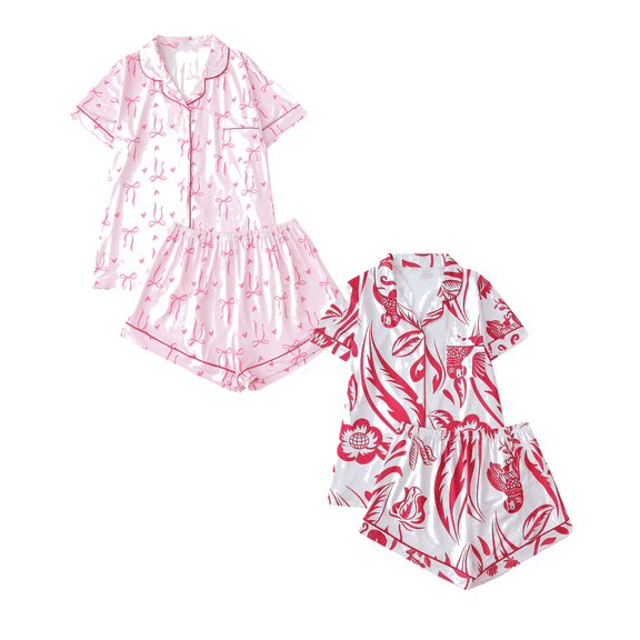 Fengactive 2PC Cute Printed Pajamas Sets for Women Button Up Short Sleeve Nightwear Lounge Sleepwear