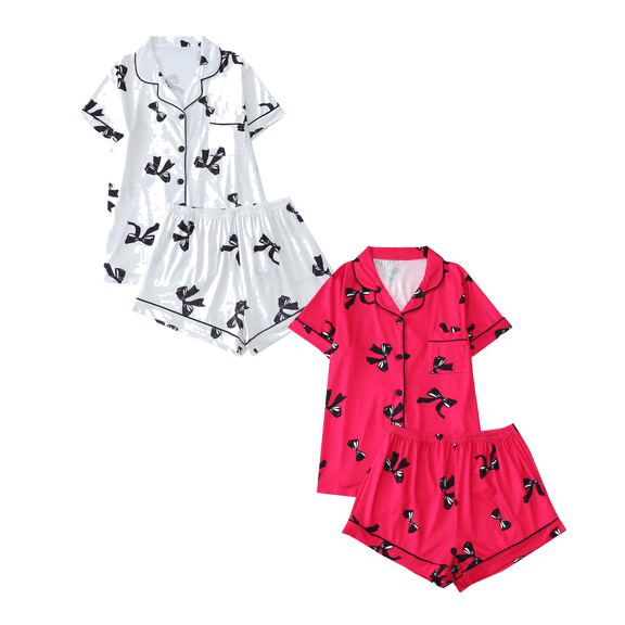 Fengactive 2PC Cute Printed Pajamas Sets for Women Button Up Short Sleeve Nightwear Lounge Sleepwear