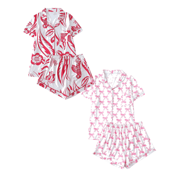 Fengactive 2PC Cute Printed Pajamas Sets for Women Button Up Short Sleeve Nightwear Lounge Sleepwear