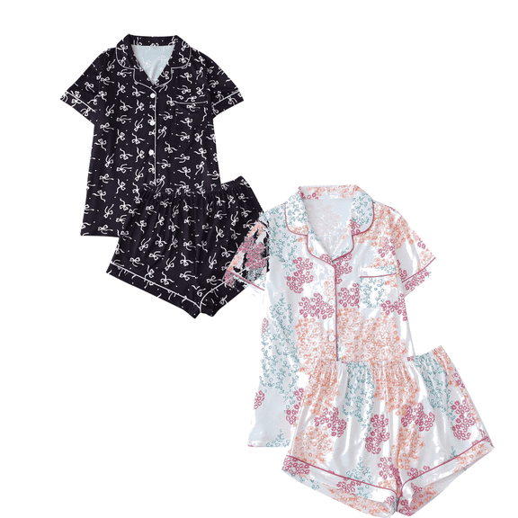 Fengactive 2PC Cute Printed Pajamas Sets for Women Button Up Short Sleeve Nightwear Lounge Sleepwear