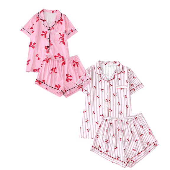 Fengactive 2PC Cute Printed Pajamas Sets for Women Button Up Short Sleeve Nightwear Lounge Sleepwear