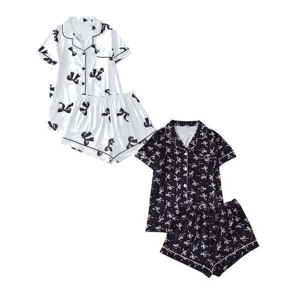 Fengactive 2PC Cute Printed Pajamas Sets for Women Button Up Short Sleeve Nightwear Lounge Sleepwear