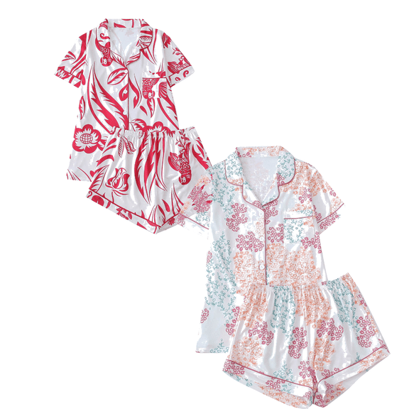 Fengactive 2PC Cute Printed Pajamas Sets for Women Button Up Short Sleeve Nightwear Lounge Sleepwear