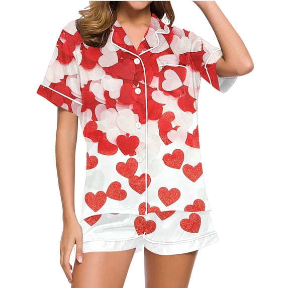 Fengactive 2PC Womens Valentines Pajama Sets Heart Print Short Sleeve Casual Button Tops and Shorts Sleepwear Set