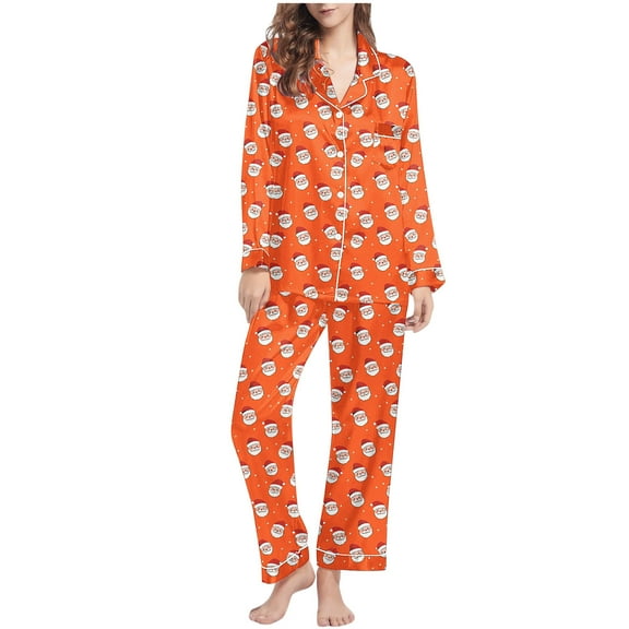 Fengactive 2Pcs Women's Christmas Pajamas Set Loose Long Sleeve Sleepwear Soft Button Down Lounge Holiday Nightwear