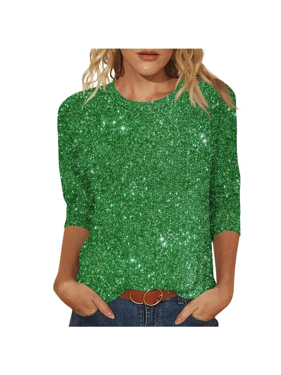 3/4 Length Sleeve Womens Tops Casual Sparkly Glitter Shirt Loose Crewneck Sequin Tops Fashion Summer Shirts