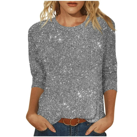 Fengactive 3/4 Length Sleeve Womens Tops Casual Sparkly Glitter Shirt Loose Crewneck Sequin Tops Fashion Summer Shirts