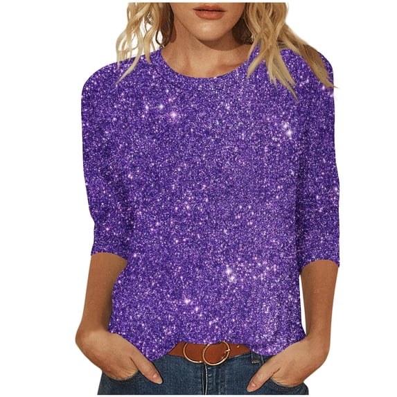 Fengactive 3/4 Length Sleeve Womens Tops Casual Sparkly Glitter Shirt Loose Crewneck Sequin Tops Fashion Summer Shirts