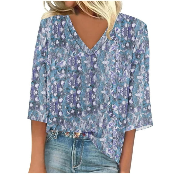 Fengactive 3/4 Sleeve Tops for Women Casual Loose Fit V Neck Summer Tees Floral Vintage Blouses Vacation Tunic Shirt