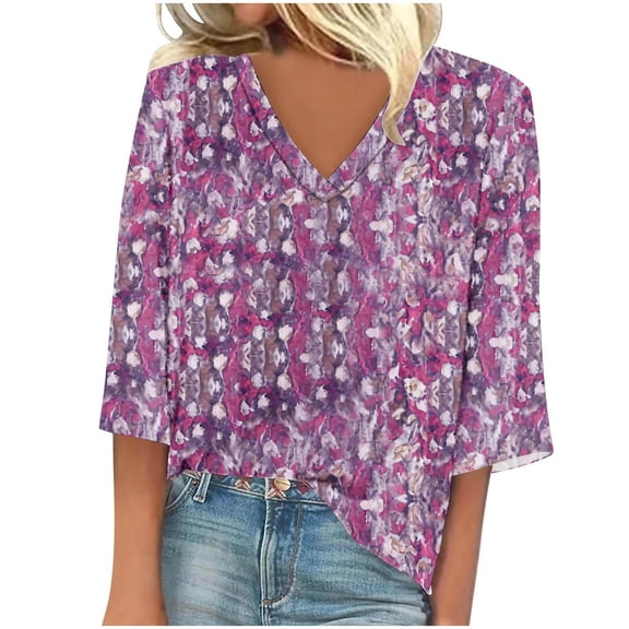 Fengactive 3/4 Sleeve Tops for Women Casual Loose Fit V Neck Summer Tees Floral Vintage Blouses Vacation Tunic Shirt