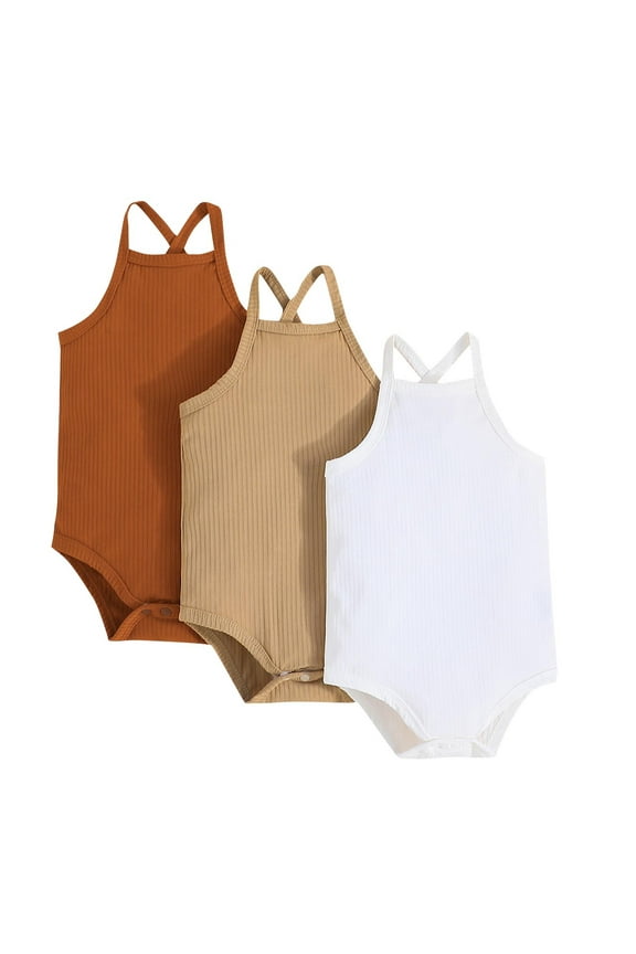 3 Pack Baby Halter Bodysuit Sleeveless Ribbed Romper Crotch Snap Creeper Summer Infant Clothing Set