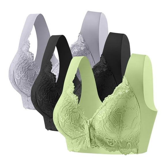 Fengactive 3PC Front Closure Lace Bras for Women No Underwire Wide Strap Clasp Bra Plus Size Breathable Push Up Bra