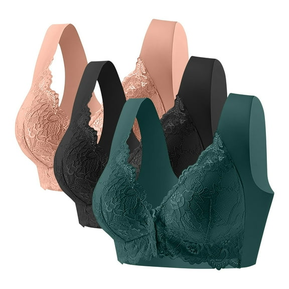 Fengactive 3PC Front Closure Lace Bras for Women No Underwire Wide Strap Clasp Bra Plus Size Breathable Push Up Bra