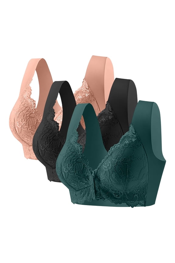 3PC Front Closure Lace Bras for Women No Underwire Wide Strap Clasp Bra Plus Size Breathable Push Up Bra
