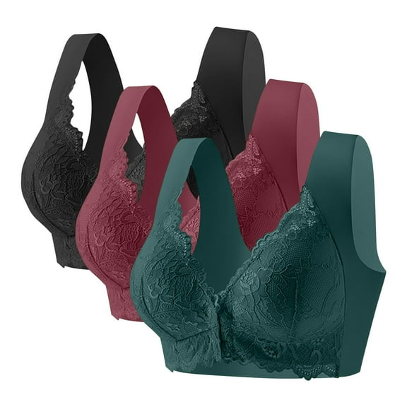 Fengactive 3PC Front Closure Lace Bras for Women No Underwire Wide Strap Clasp Bra Plus Size Breathable Push Up Bra
